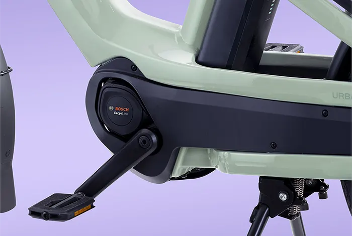 Detalle del sistema Bosch de la bicicleta eléctrica Tern Breeze en color verde